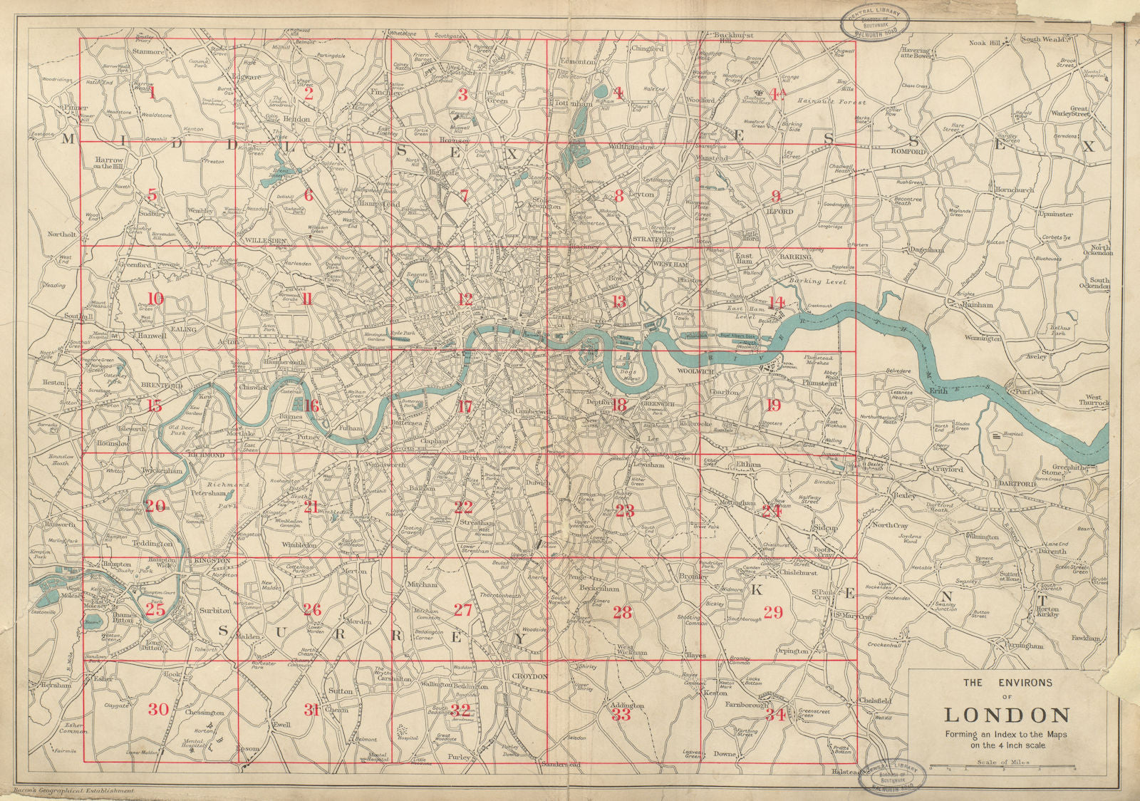 LONDON & ENVIRONS index map. Main roads. BACON 1934 old vintage plan chart